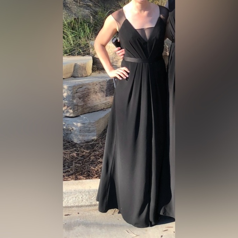 Vera Wang Black Floor Length crepe illusion cap sleeve dress